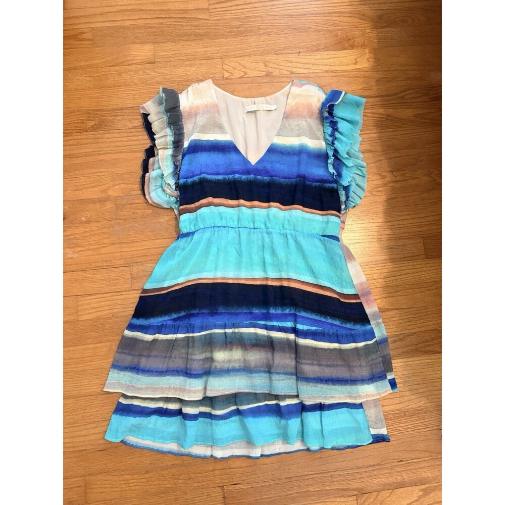 Marie Oliver Blue Multicolor Striped V-Neck Flutter Ruffle A-Line Short M